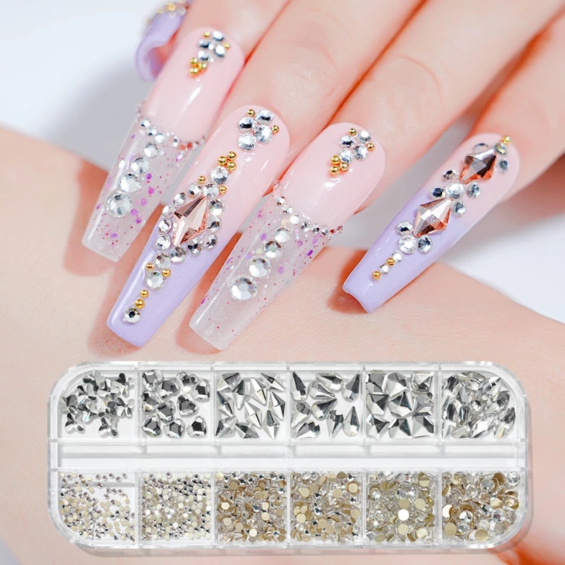 12 Kotak Kristal Berlian Imitasi Ab 3d Multi Ukuran Untuk Dekorasi Nail Art