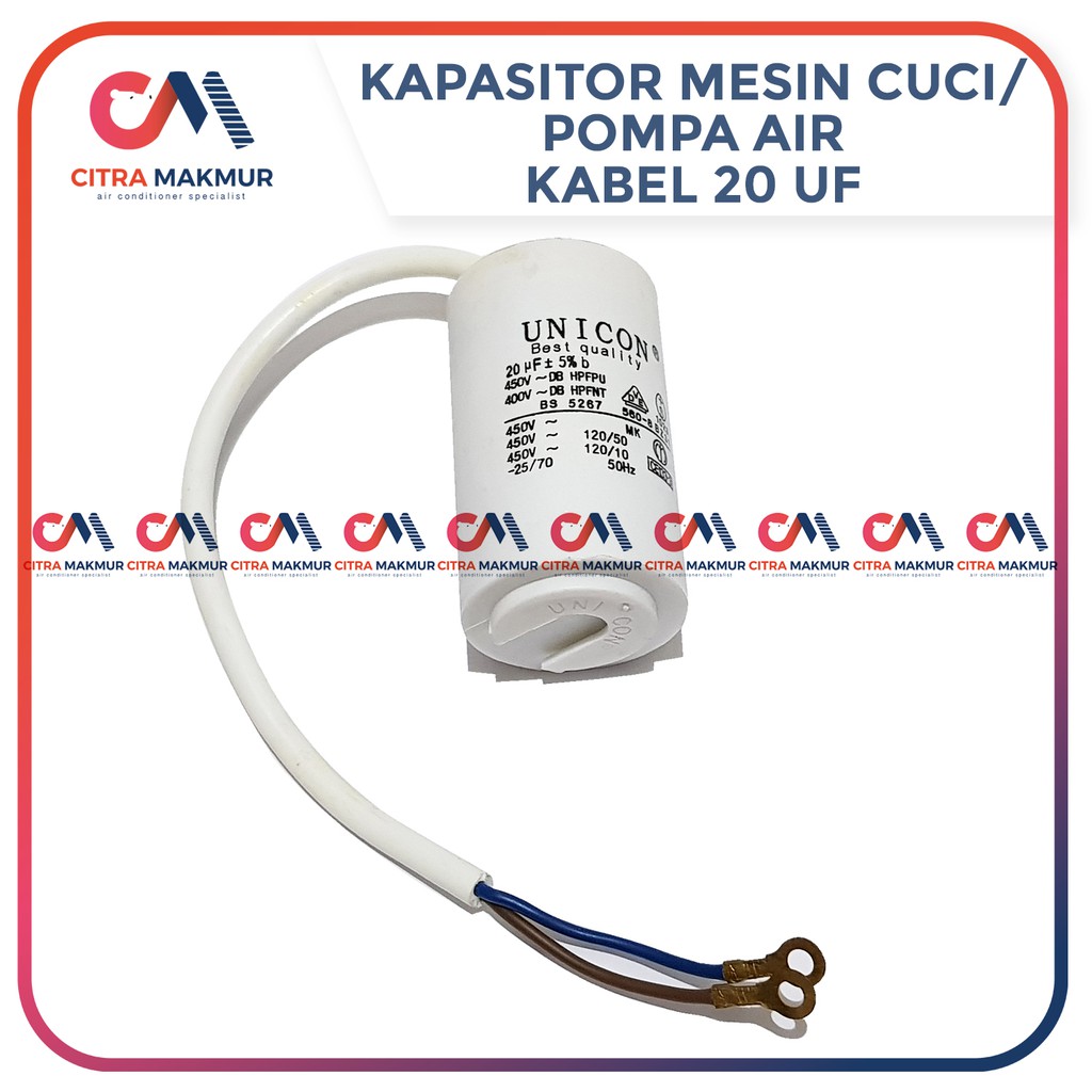 Kapasitor 20 uf Unicon Pompa Air Mesin Cuci Capasitor Sanyo mikro Single Kabel Soket Kompresor