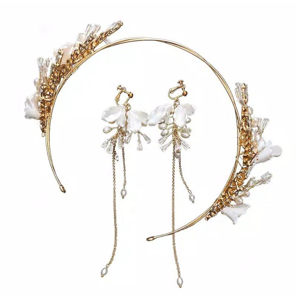 Set Bando &amp; Anting Mutiara - Grass Crown - Mahkota Tiara - Aksesoris Pengantin