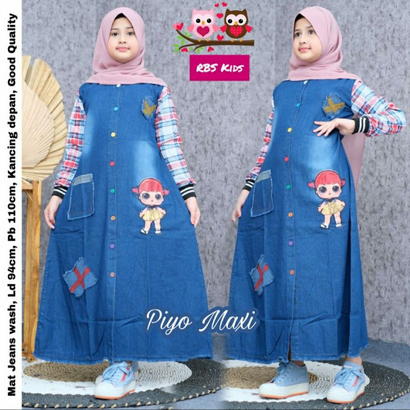Gamis Anak Perempuan 7 - 12 Tahun Jeans Wash Mix Katun Dress Anak Cewek Bergambar Baju Anak Modern