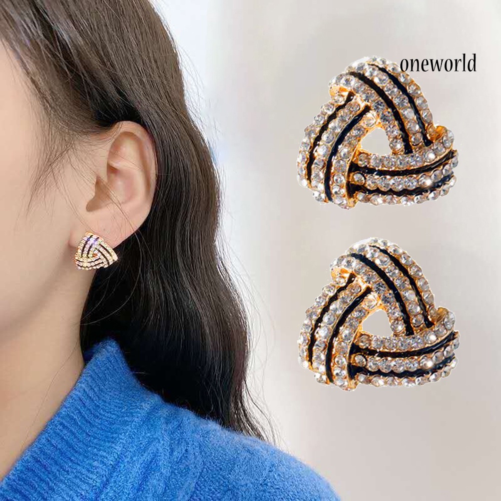 OW# Fashionable Women Rhinestone Triangle Shape Stud Earrings Jewelry Accessory