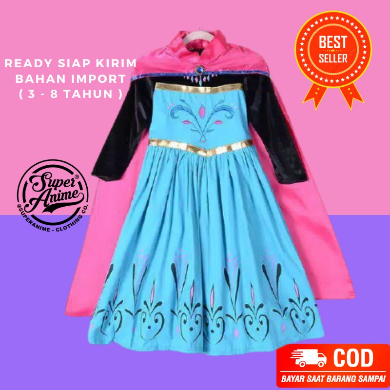 Baju Kostum Gaun Dress Anak Frozen Princess Anna Perempuan Cewek Cosplay Import Ulang Tahun