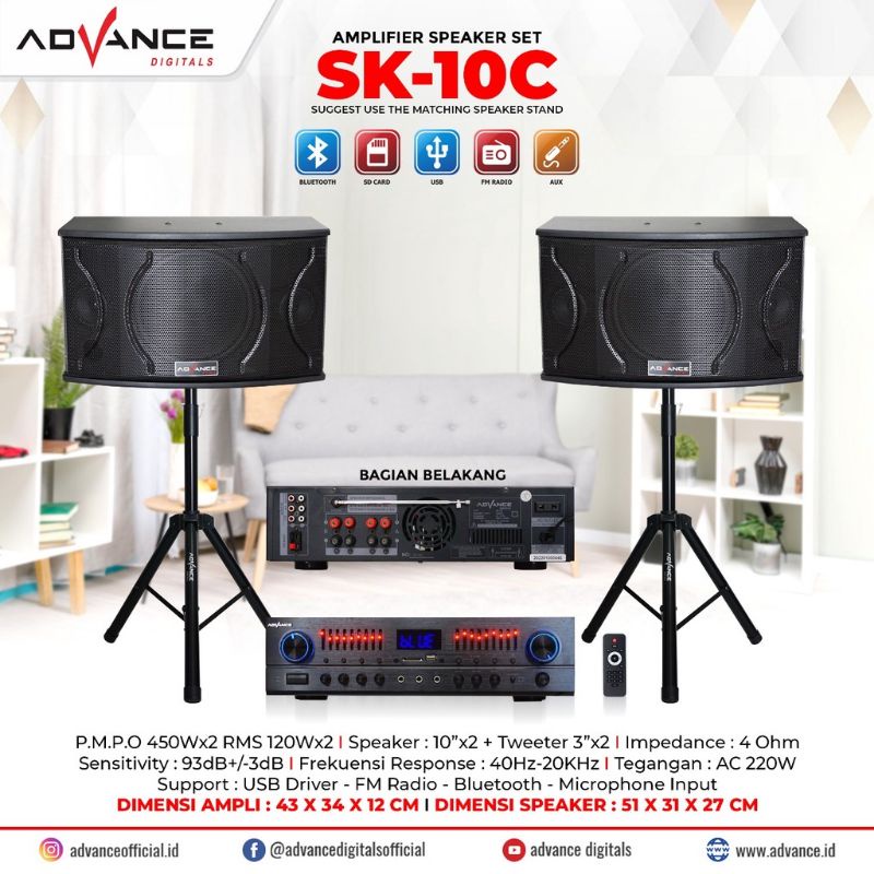 Advance SK-10C Speaker Bluetooth Konser Set Amplifier Dual Speaker Aktif 10 Inch Extra Bass Stand Tiang Berdiri