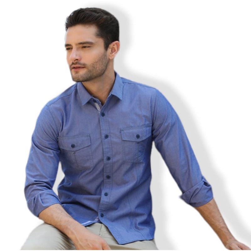 RICARDO Kemeja Pria Polos Biru Lengan Panjang db 22146