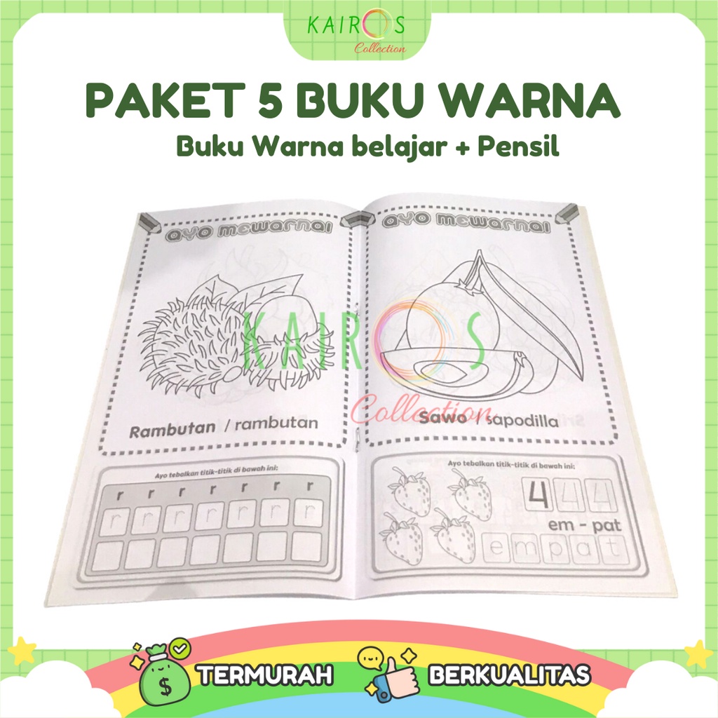 Paket Hemat 5 Buku Mewarnai Anak Belajar dan Pensil Warna 12 Warna Lengkap