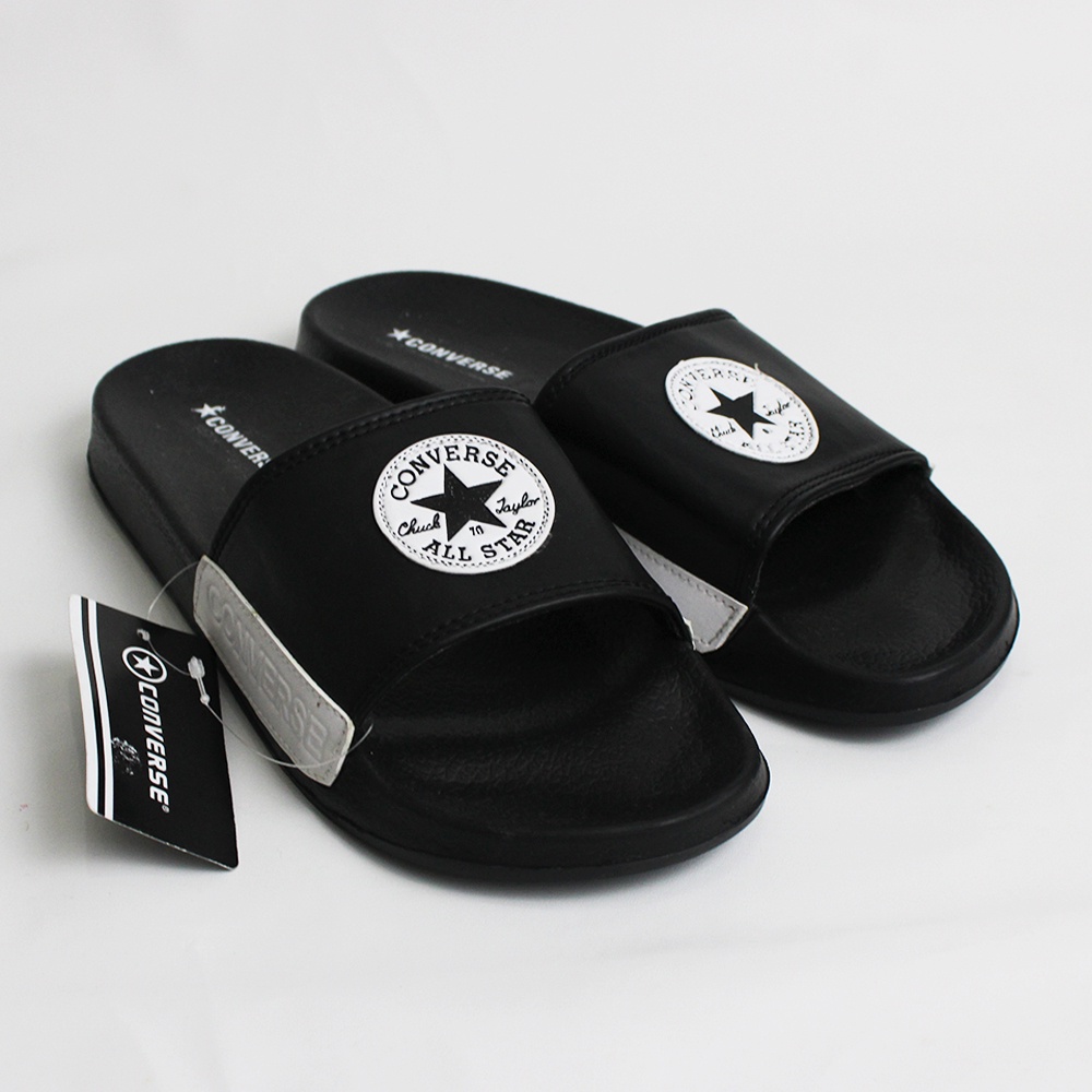 Sendal Selop Distro Pria Wanita Terbaru Convrsee Logo Chuck Taylor Hitam Fullblack / Sendal Slide