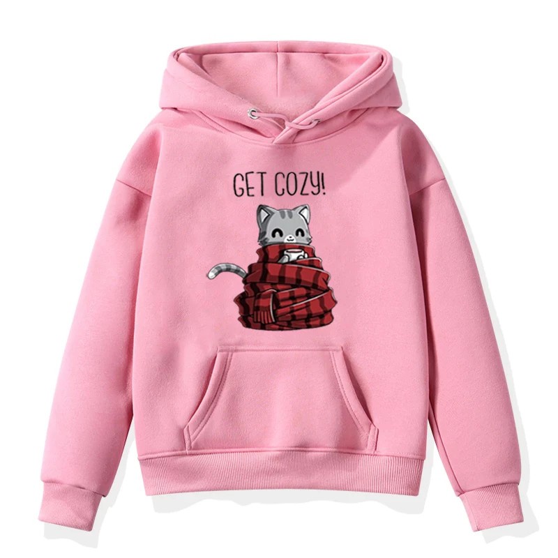 HOODIE ANAK WANITA CASUAL GET COZY MEOW FLEECE TEBAL LUCU TERBARU'