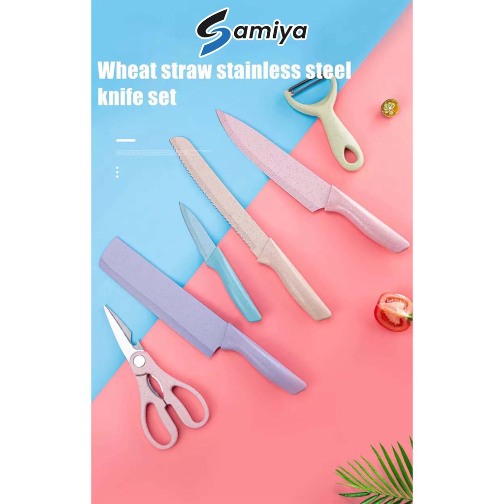 kitchen knife set wheat straw / pisau gunting dapur peeler 6in1 / pisau roti / chef knife gift box