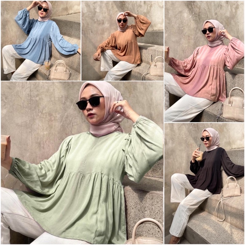 CLOUDY BLOUSE Rayon Premium Kemeja Lengan Balon Panjang Rempel Shirt Polos Crincle Crinkle