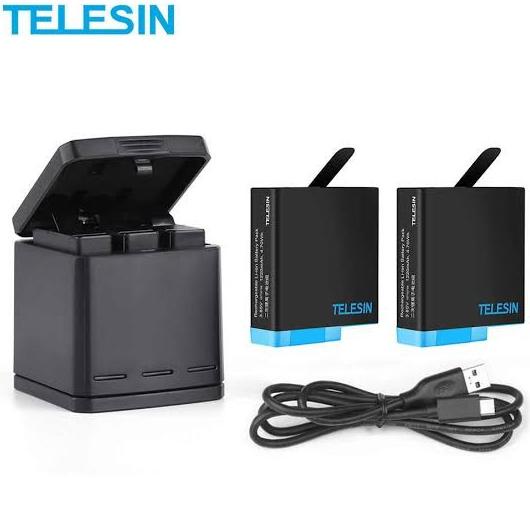 [ Promo ] Telesin 3 Channel Charging Box + 2 Battery For Gopro Hero 8/7/6/5 - Drone Kamera Dan Akses