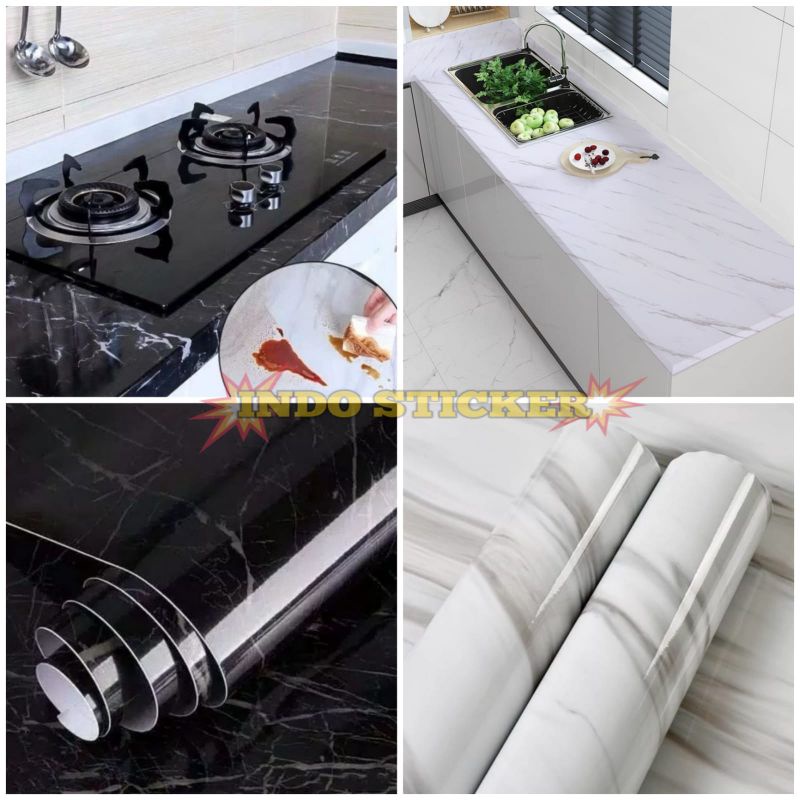 wallpaper wallstiker scotlite lemari motif marmer putih polos hitam biru sticker dinding meja dapur 