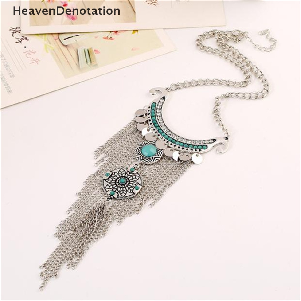 Kalung Rantai Panjang Liontin Rumbai Turquoise Gaya Retro Bohemian Gipsi