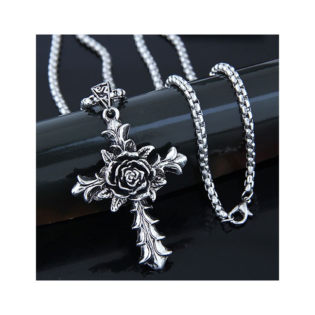 LRC Kalung Fashion Silver Metal Rose Cross Long Necklace A57439