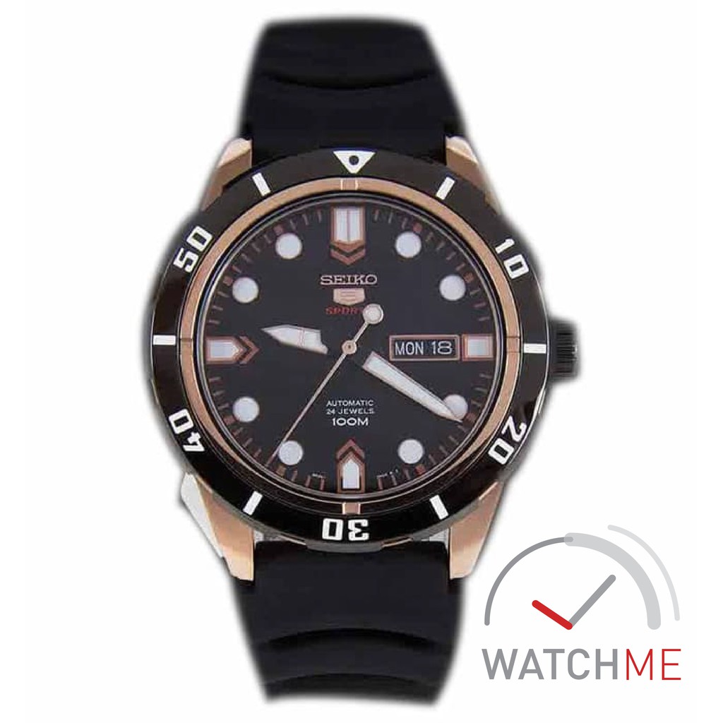 Jam Tangan Seiko 5 SRP680K1 Automatic Sport Black Dial Rose Gold 100m Rubber Strap Original Garansi