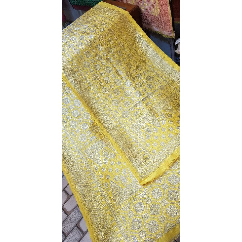 Songket palembang asli sutra alam asli 2 helai lepus kuning kristal silver