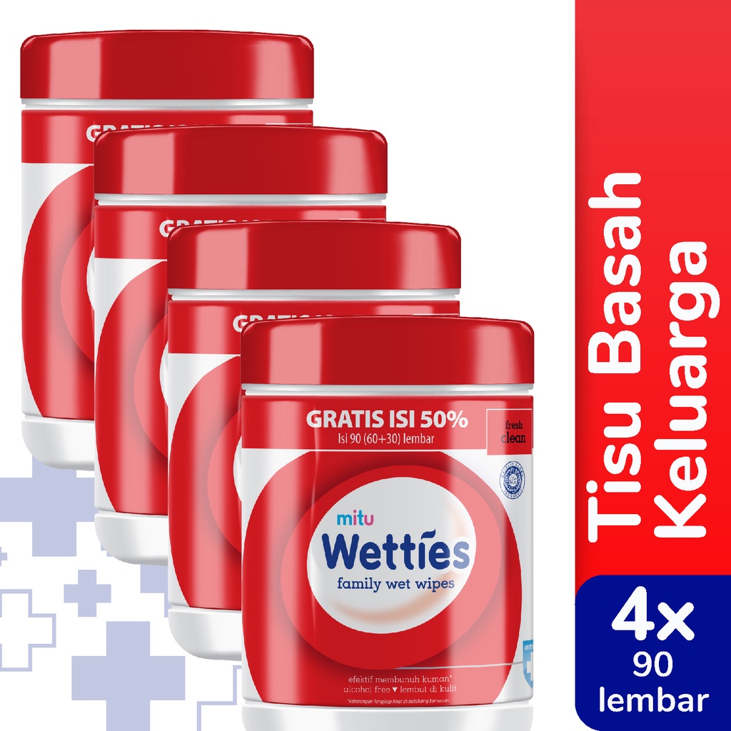 Mitu Wetties Tisu Basah Antiseptic Fresh Clean Bottle 90'S x4 - Tisu Basah Keluarga