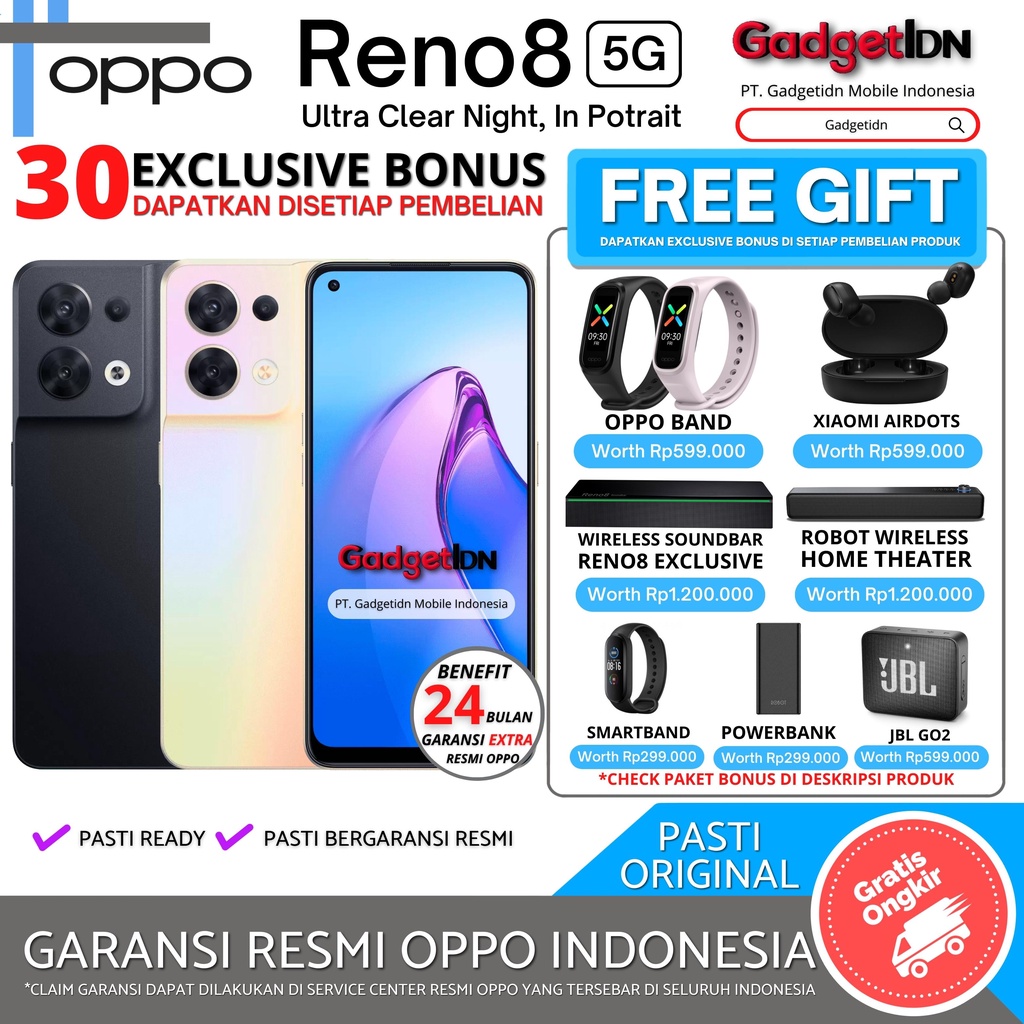 OPPO RENO 8 5G 13/256GB ( 8GB + 5GB EXTENSION RAM ) GARANSI RESMI OPPO