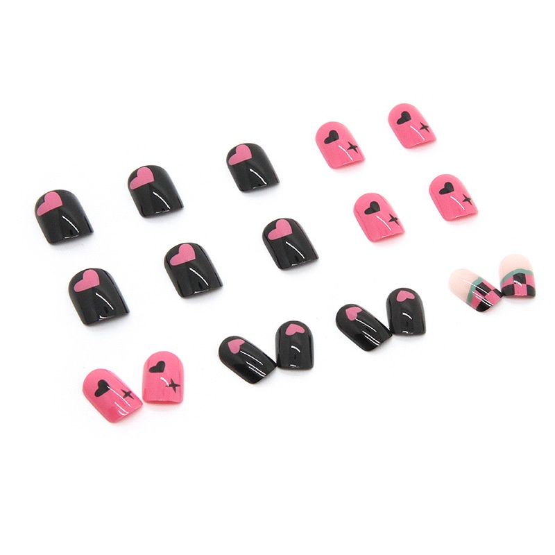 24pcs / box Kuku Palsu Bentuk Kotak Motif Hati Warna Hitam / Pink R533