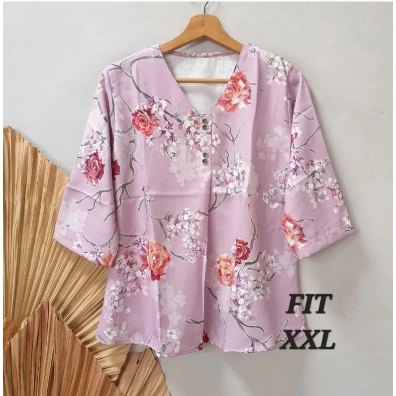 SHERATON LENGAN 3/4 V NECK WHITE BLOUSE /BUNGA SAKURA KYOTO FLOWER - DELIGHTLINE ATASAN VNECK WANITA-XXL 4BUTTON DSTYPINK