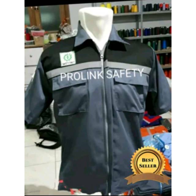 BAJU SERAGAM SAFETY LENGAN PENDEK ABU ABU KOMBINASI HITAM RESLETING