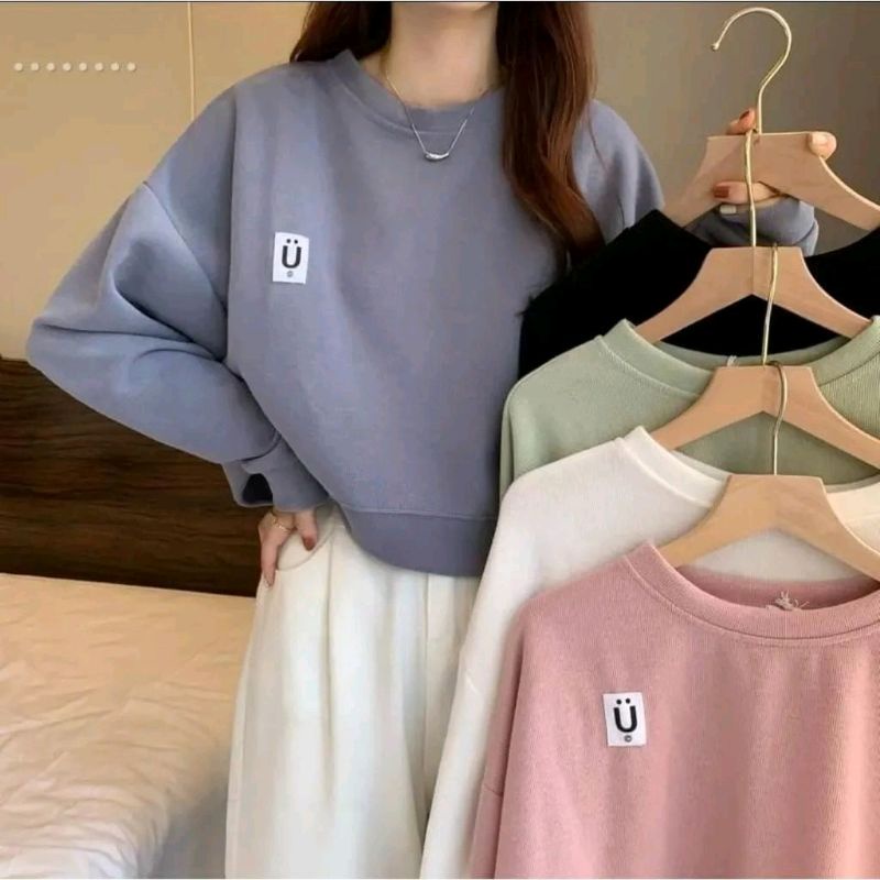 U Crop sweater oversize fleece tebal