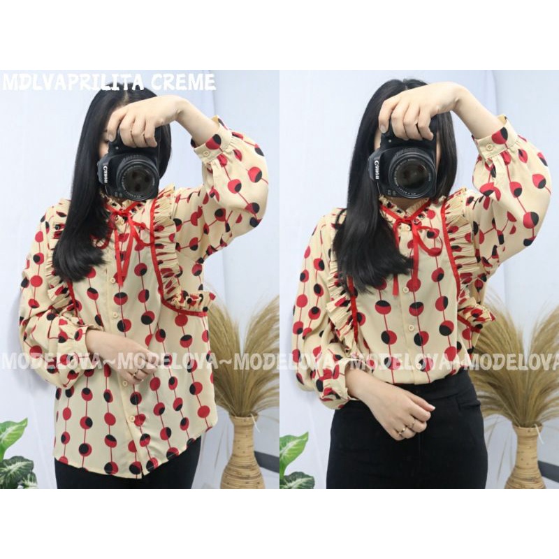 MDLV ~ 2689 Aprilita Pleated Shirt Blouse wanita Blouse Premium Blouse Import Blouse Chiffon Blouse Polkadot Kemeja Fashion Kemeja Import Kemeja Premium Kemeja Polkadot Fashion Import