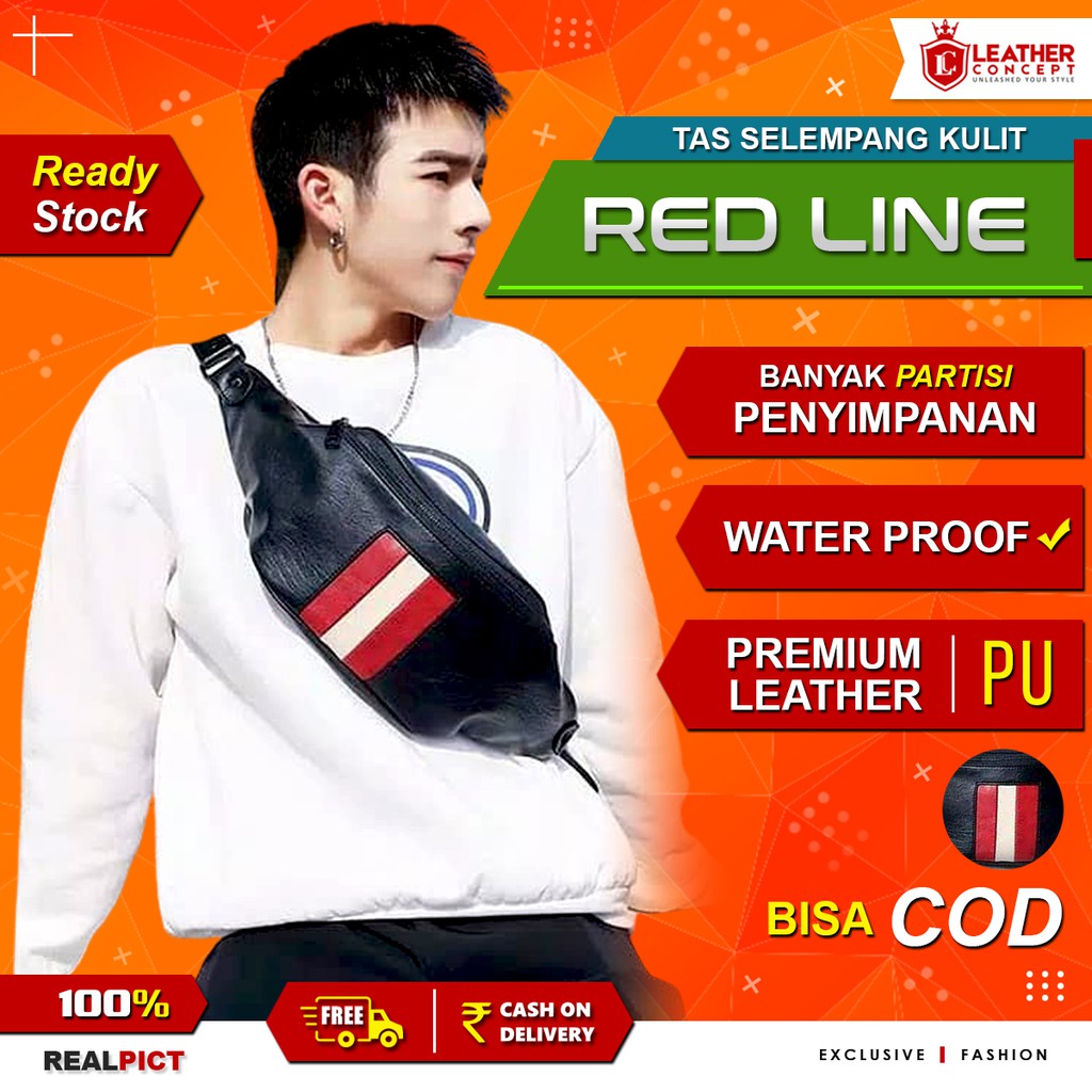 Waist Bag Pria Tas Bahu Tas Selempang Pria Tas Pria Tas Kulit RED-LINE