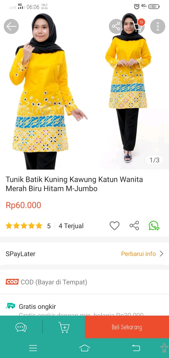 Tunik Batik Kuning Kawung Katun Wanita Merah Biru Hitam M-jumbo