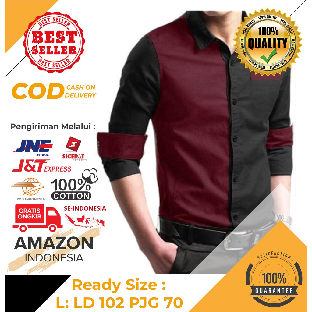 HEM LAKI LAKI WARNA MERAH MARUN HITAM KEMEJA PRIA BAHAN COTTON STRETCH MELAR SLIM FIT ORIGINAL IMPOR