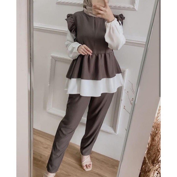 TERMURAH ONE SET MEYKA REMPEL BALLON DAILY BLOUSE SET WANITA MOSCREPE,ONE SET TERBARU,ONE SET MURAH