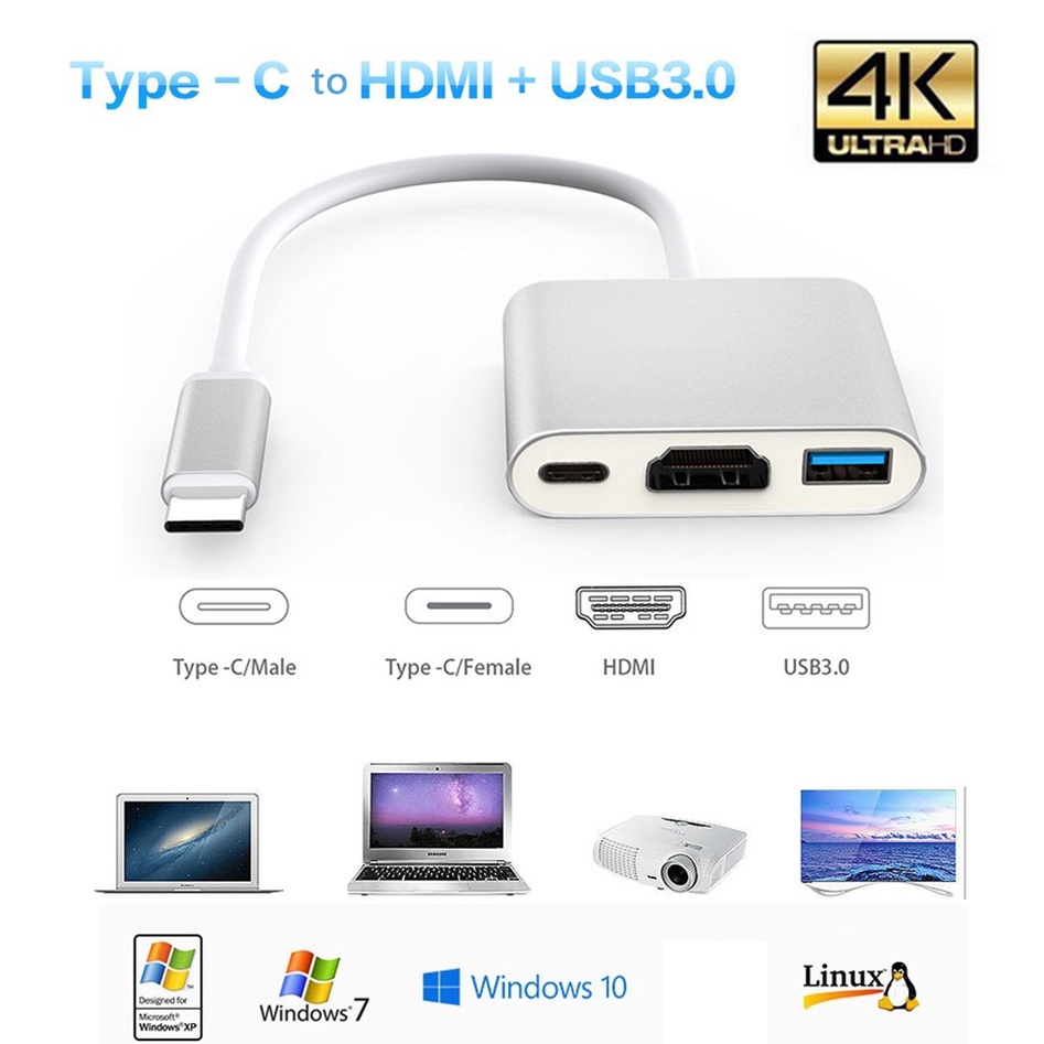 Kabel Converter USB 3 in 1 Type C To HDMI 4K - TypeC - USB 3.0  4K USB 3.1 Adapter For Macbook HUB