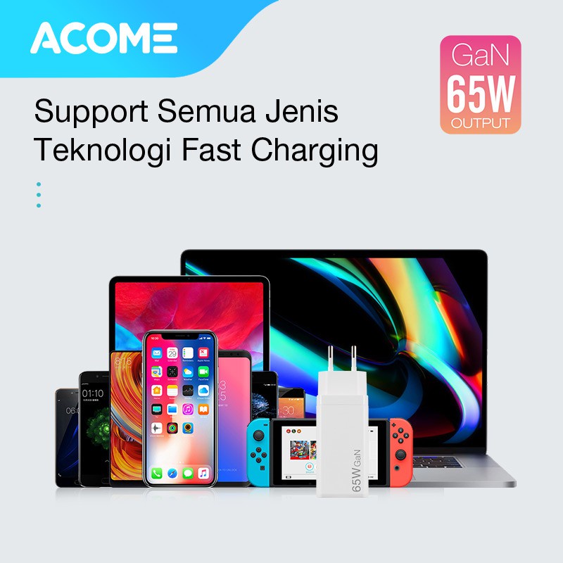 ACOME Charger GaN 65W Fast Charging QC3.0 PD VOOC 3 Ports Support Laptop/iPad Garansi Resmi 1 Tahun