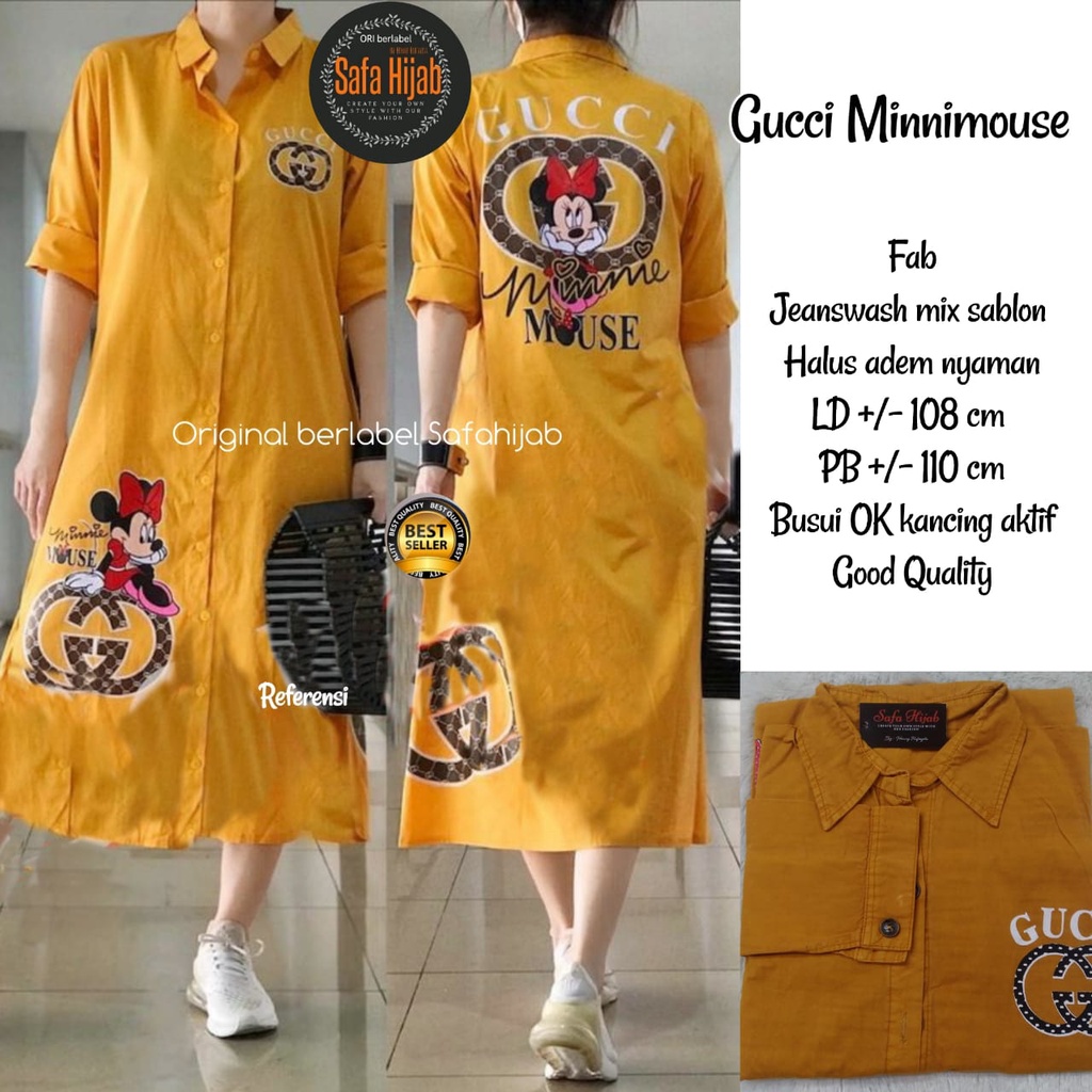 Gucci Minnimouse/Atasan Top Kemeja Tunik Jeans Panjang Aksen Gambar Printing/Pakaian Wanita Termurah