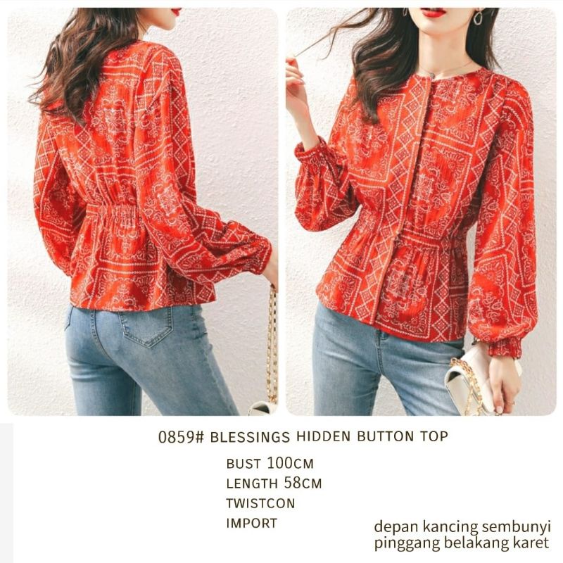 MDLV ~ 0859 CNY Blessings Hidden Button Top Women Blouse Premium Kemeja Etnik Blouse Etnik Blouse lengan Balon Panjang Blouse Korea terbaru Best seller Fashion Import