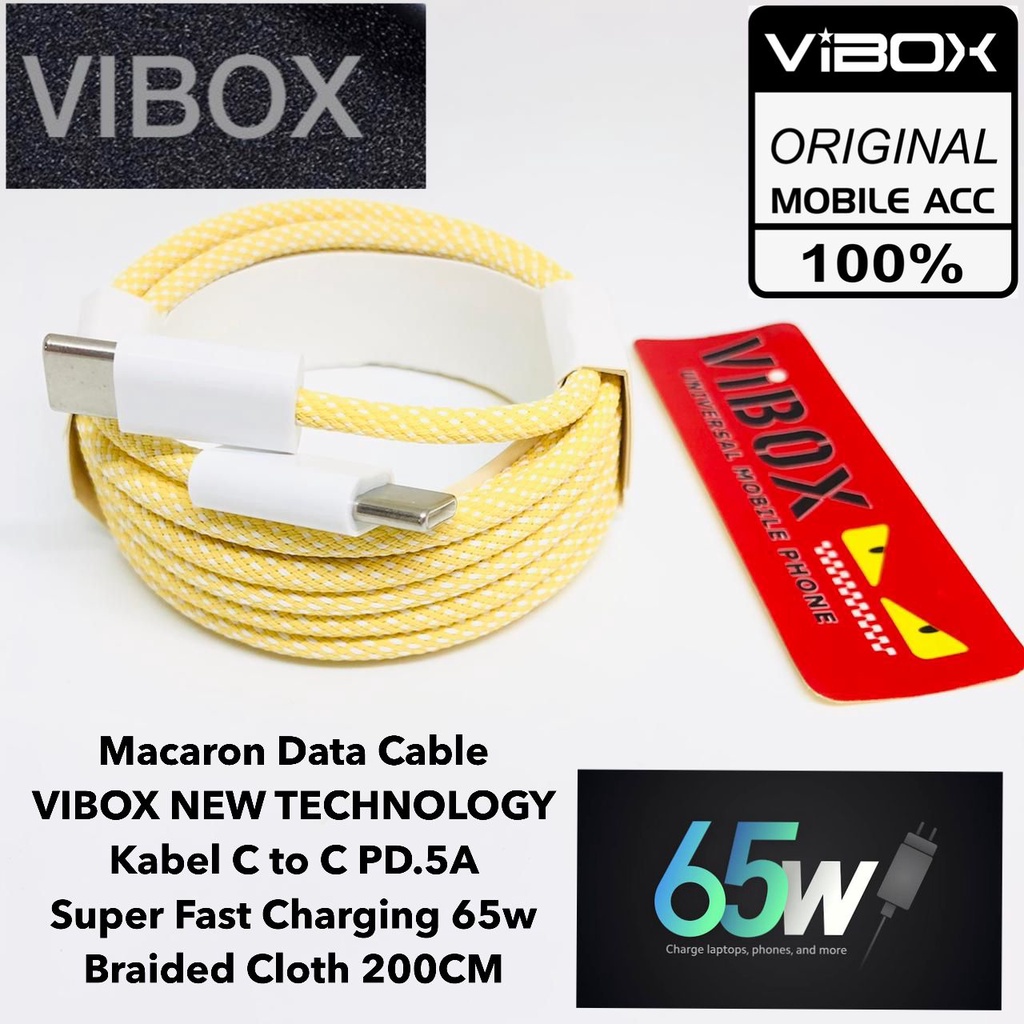 PROMO 200CM Macaron Data Cable VIBOX NEW TECHNOLOGY Kabel C to C PD.5A Super Fast Charging 65w  Braided Cloth 200CM sultan