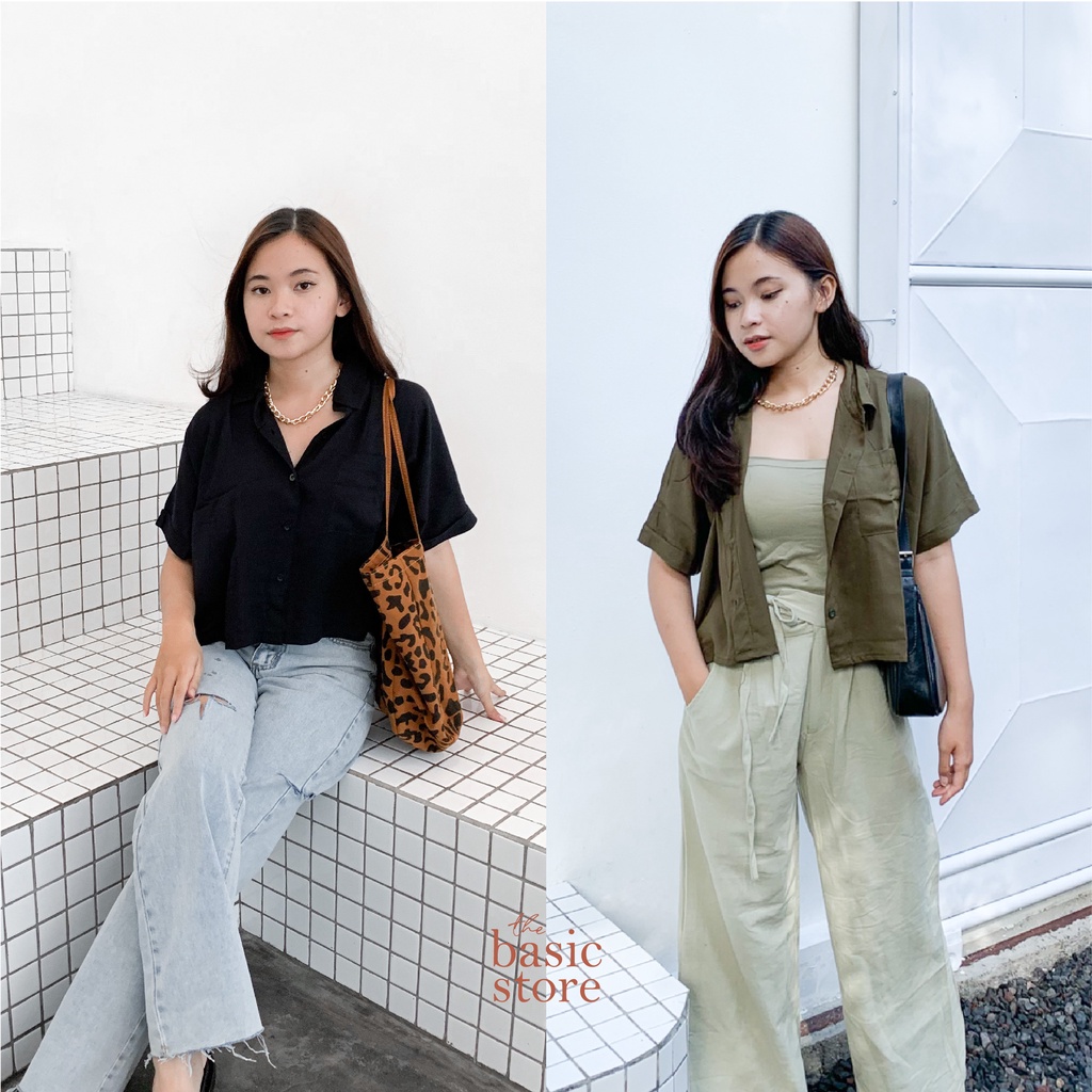 MILA Crop Shirt / Kemeja Crop Matt Twill Top Kemeja Lengan Pendek Crop Top Kemeja Army Kemeja Hitam 