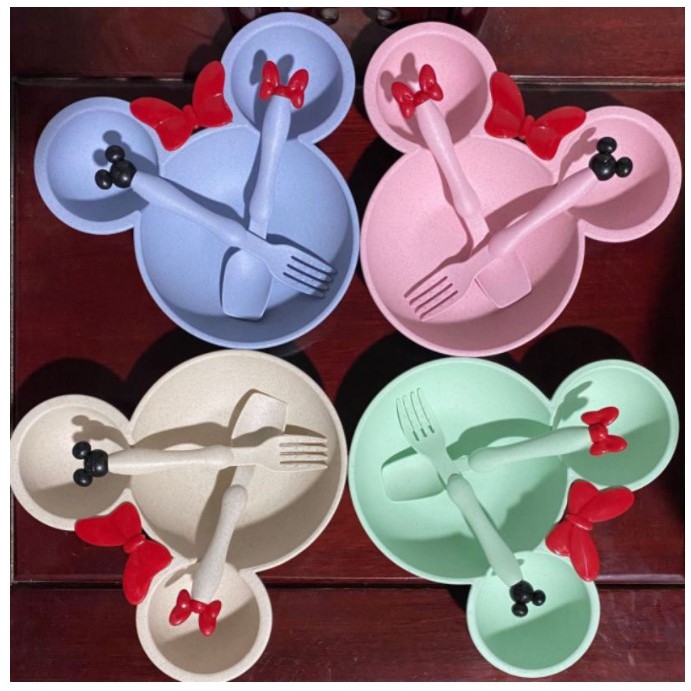 BS048 piring makan set karakter mickey minnie BAHAN GANDUM ALAMI BUKAN MELAMIN