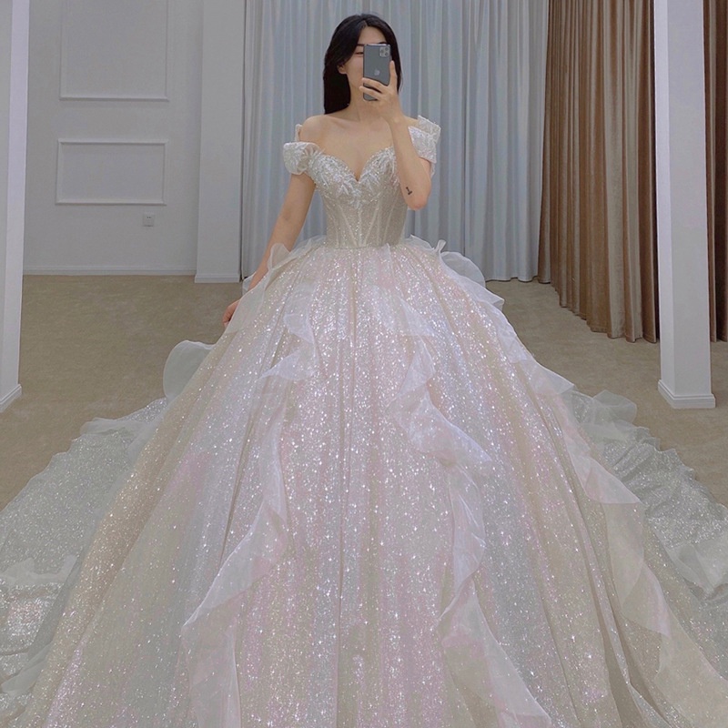 Putih Off Shoulder Glitter Bling Gaun Pengantin Gaun Pengantin 1m Ekor Panjang Sabrina
