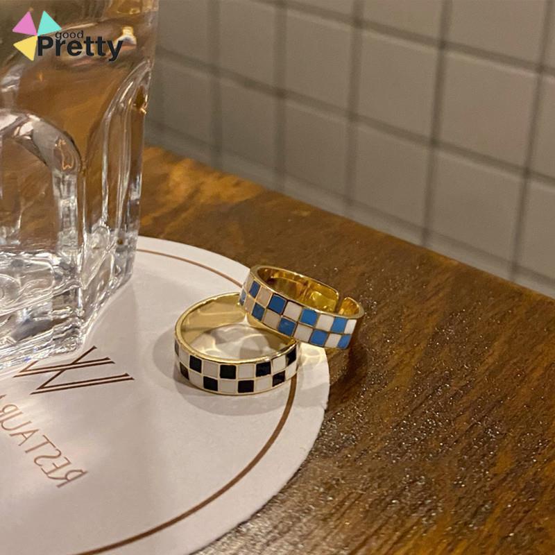 Cincin Korea Adjustable Motif Papan Catur Persegi Untuk Wanita - PD