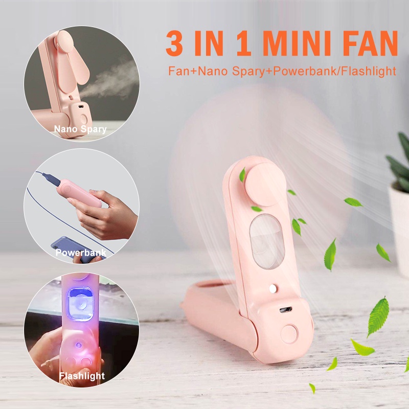 CORN Kipas Angin Mini Portable Sport Fan 3 IN 1 Humidifier Mini Purifier Nano Spary Kipas Lipat Rechargeable USB Powerbank 1200mAh 2Speed