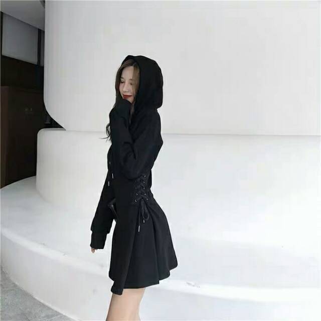 ULZZANG WAIST SHAPE HOODIE DRESS BLACK