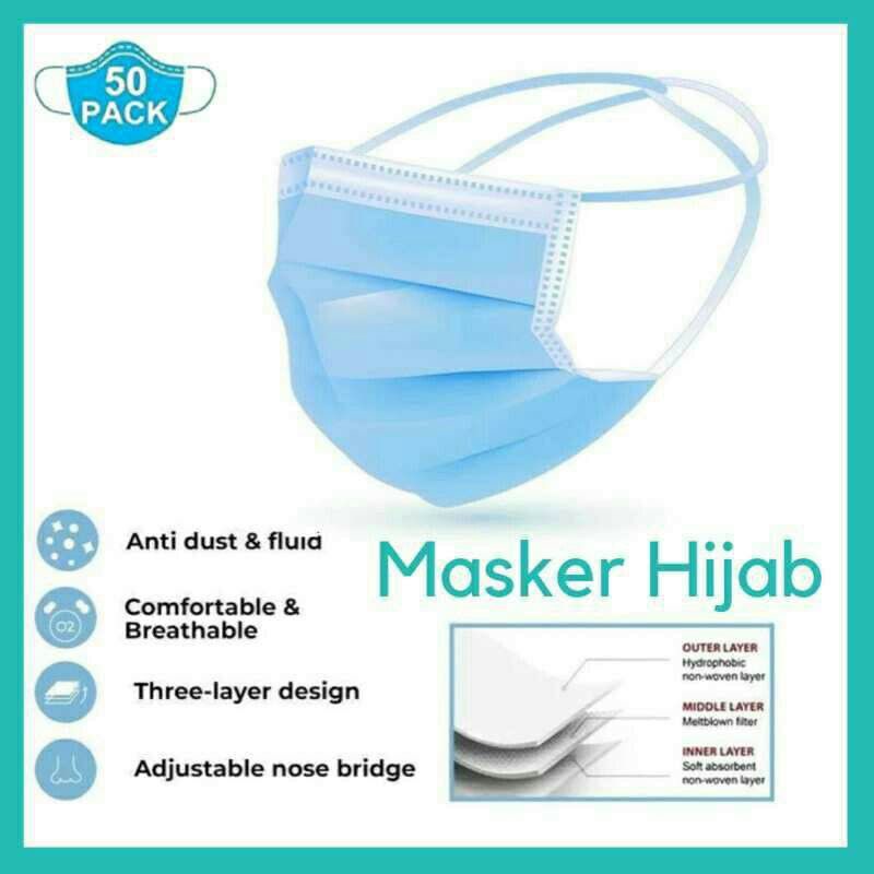 Masker Hijab biru 3ply non box, Non medis, 1pack isi -+50pcs