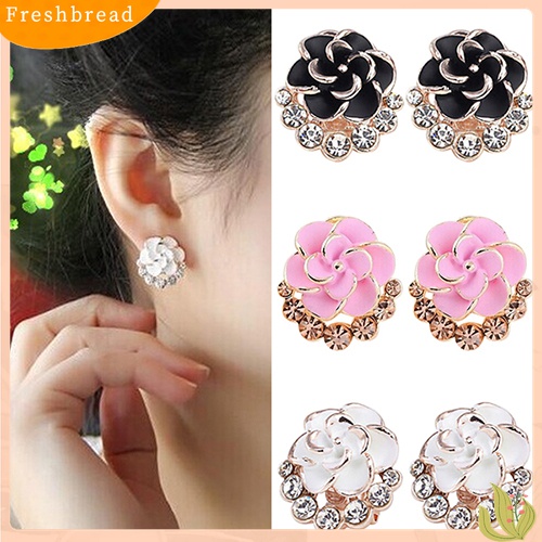 Fresh| Anting Tusuk Motif Bunga Peony / Camellia Bahan Alloy Hias Berlian Imitasi Untuk Wanita / Pesta