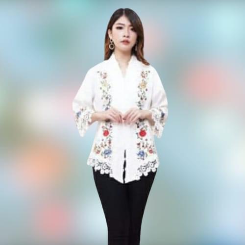 Dores Kebaya Encim Senada Jumbo Katun Full Bordir Kombinasi Brokat Import - Putih, Xl