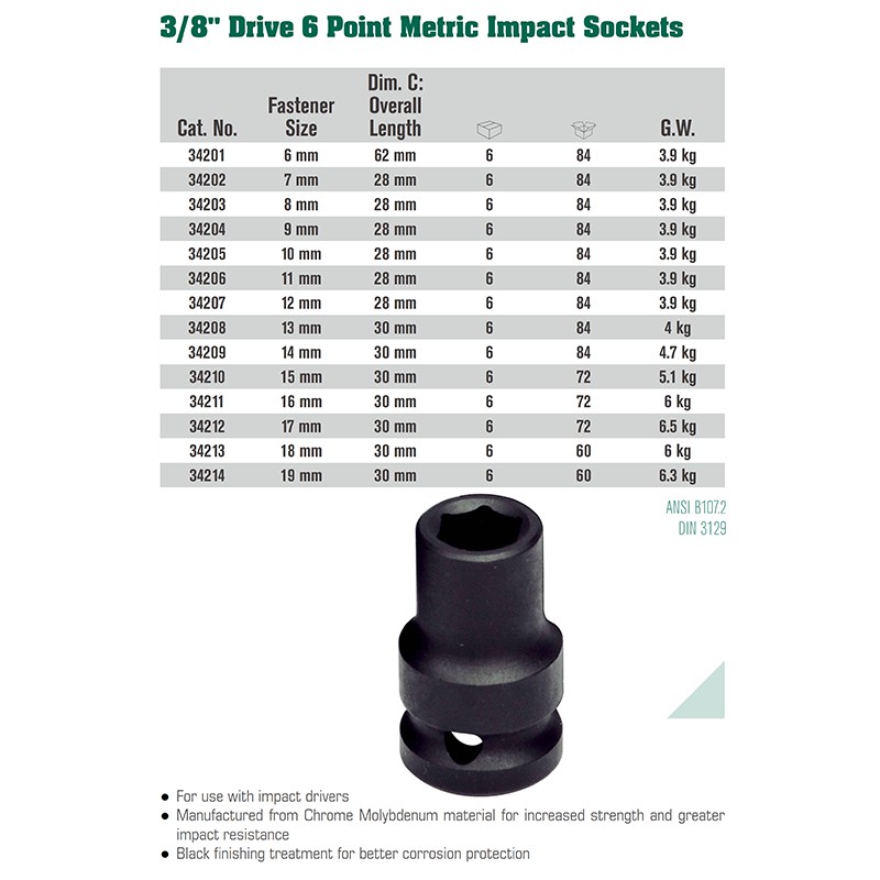 SATA TOOLS SOCKET 3/8 INCH 9 MM 34204