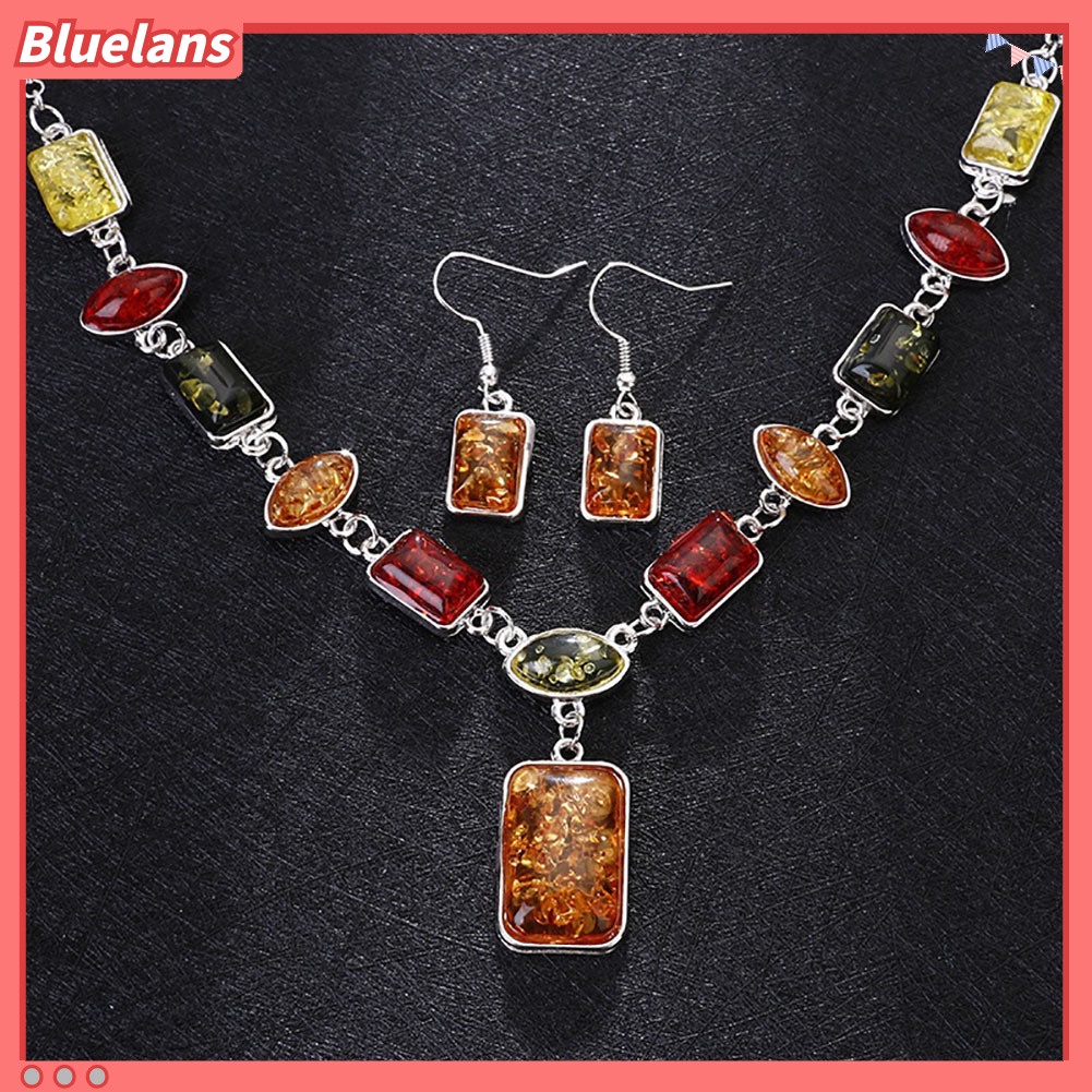 Bluelans Square Oval Amber African Style Women Necklace Hook Earrings Party Jewelry Set