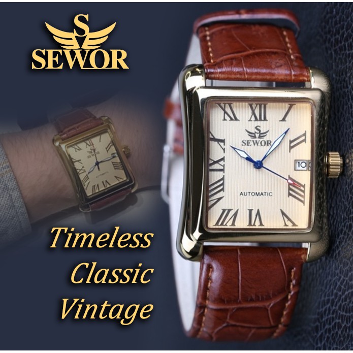 Jam Tangan Vintage SEWOR Luxury Gold Mechanical Automatic Jam Tangan Kulit Leather Strap