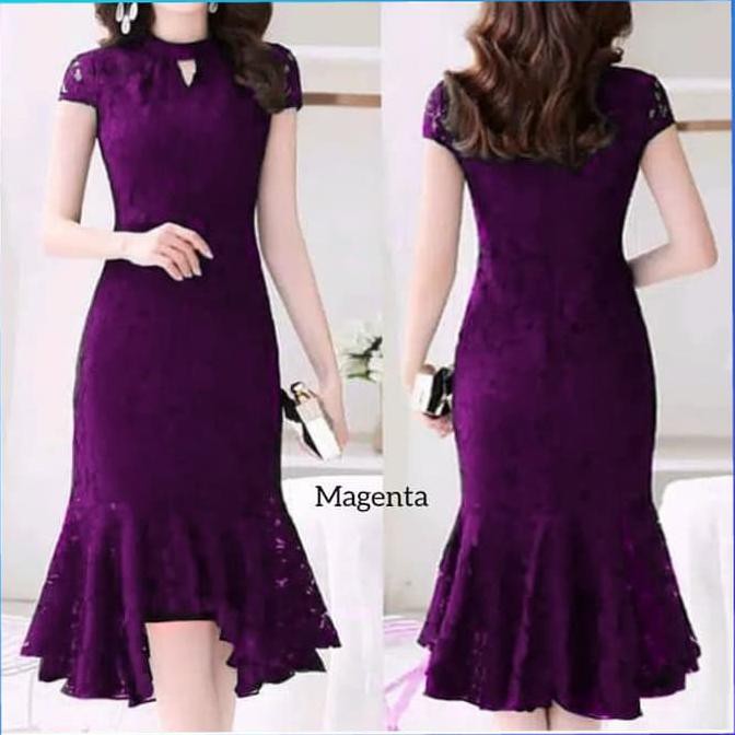 Baju Dress Pesta Wanita Brukat Gaun Perempuan Natal Brokat Magenta Shopee Indonesia