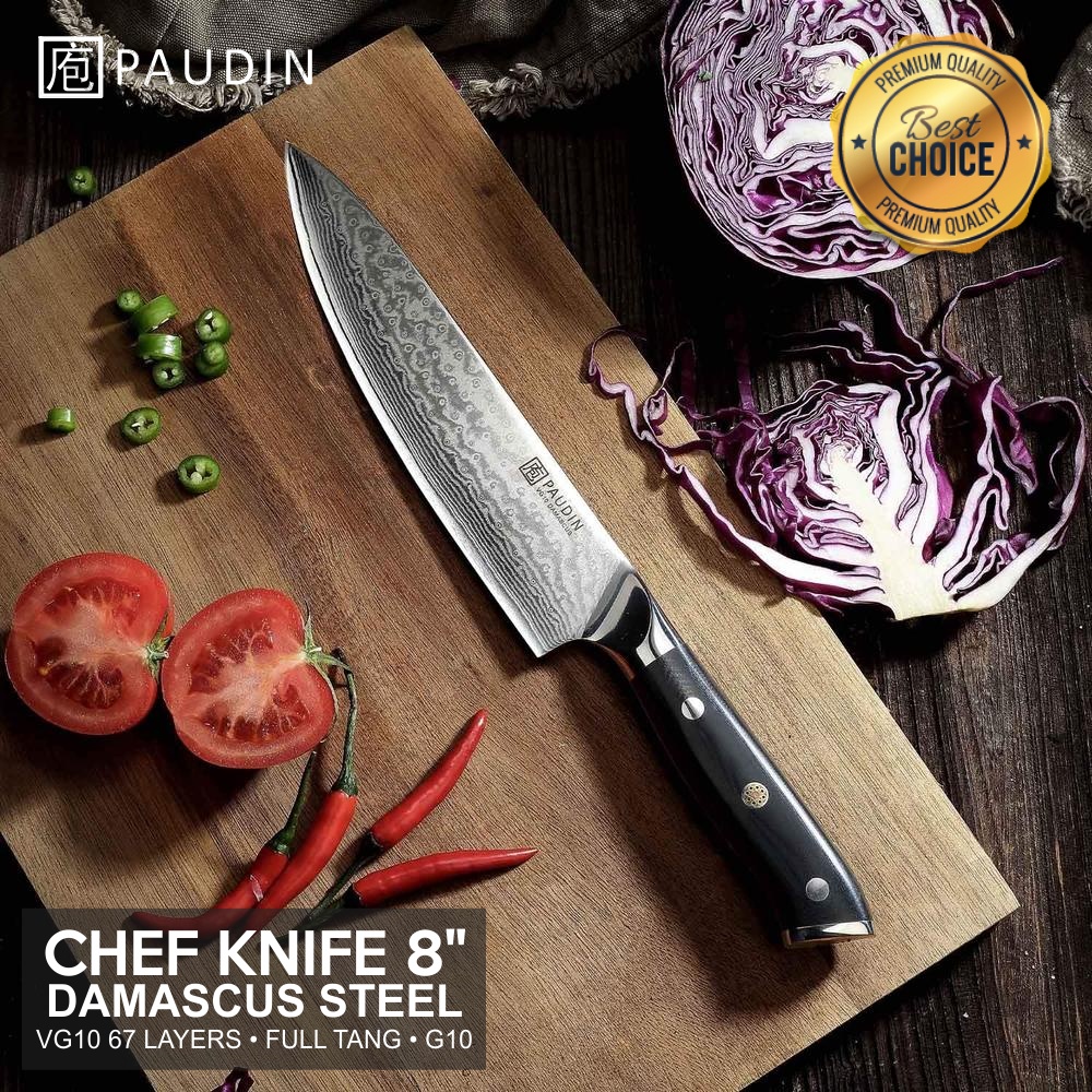 Pisau Dapur Paudin C1 Premium Kitchen Chef Knife 8 Inch 67 Layers VG10 Damascus Steel Full Tang G10 