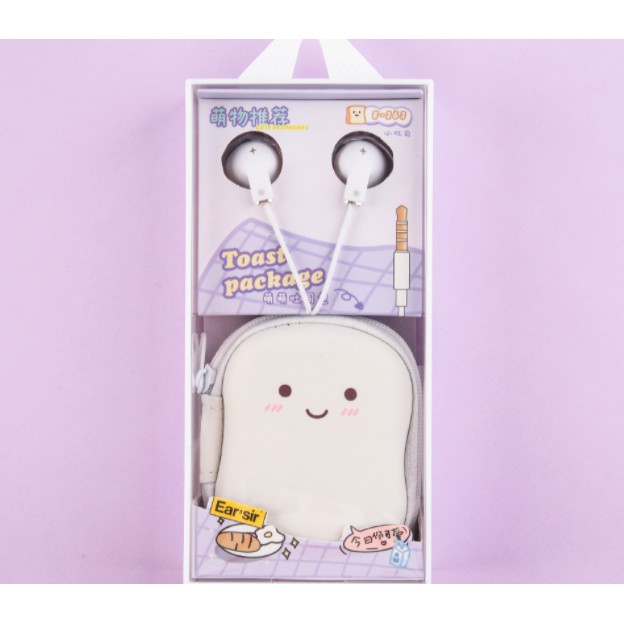 [E-263] Set Earphone Tema TOAST PACKAGE / Headset Karakter Roti Lucu / Wadah Earphone Resleting Tebal Motif Bread Roti Imut